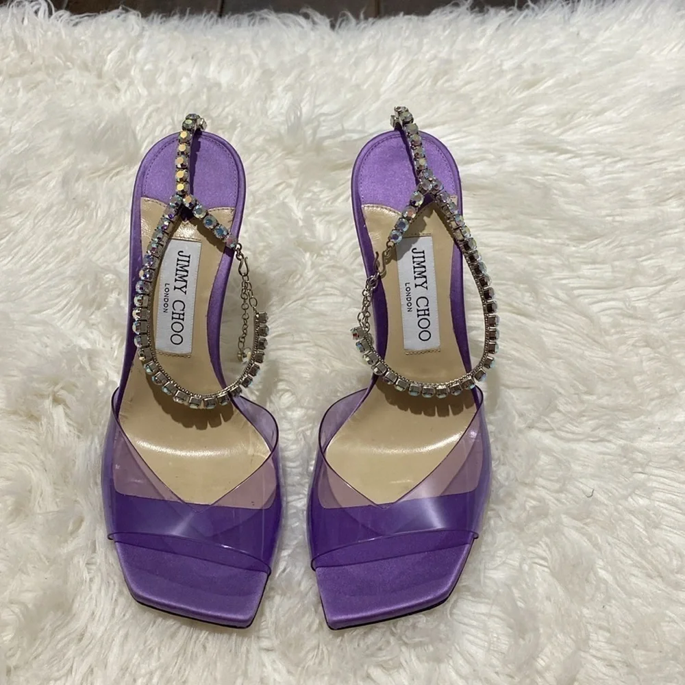 Jimmy Choo Saeda 100 Crystal embellished PVC & satin‎ sandals size 38EU